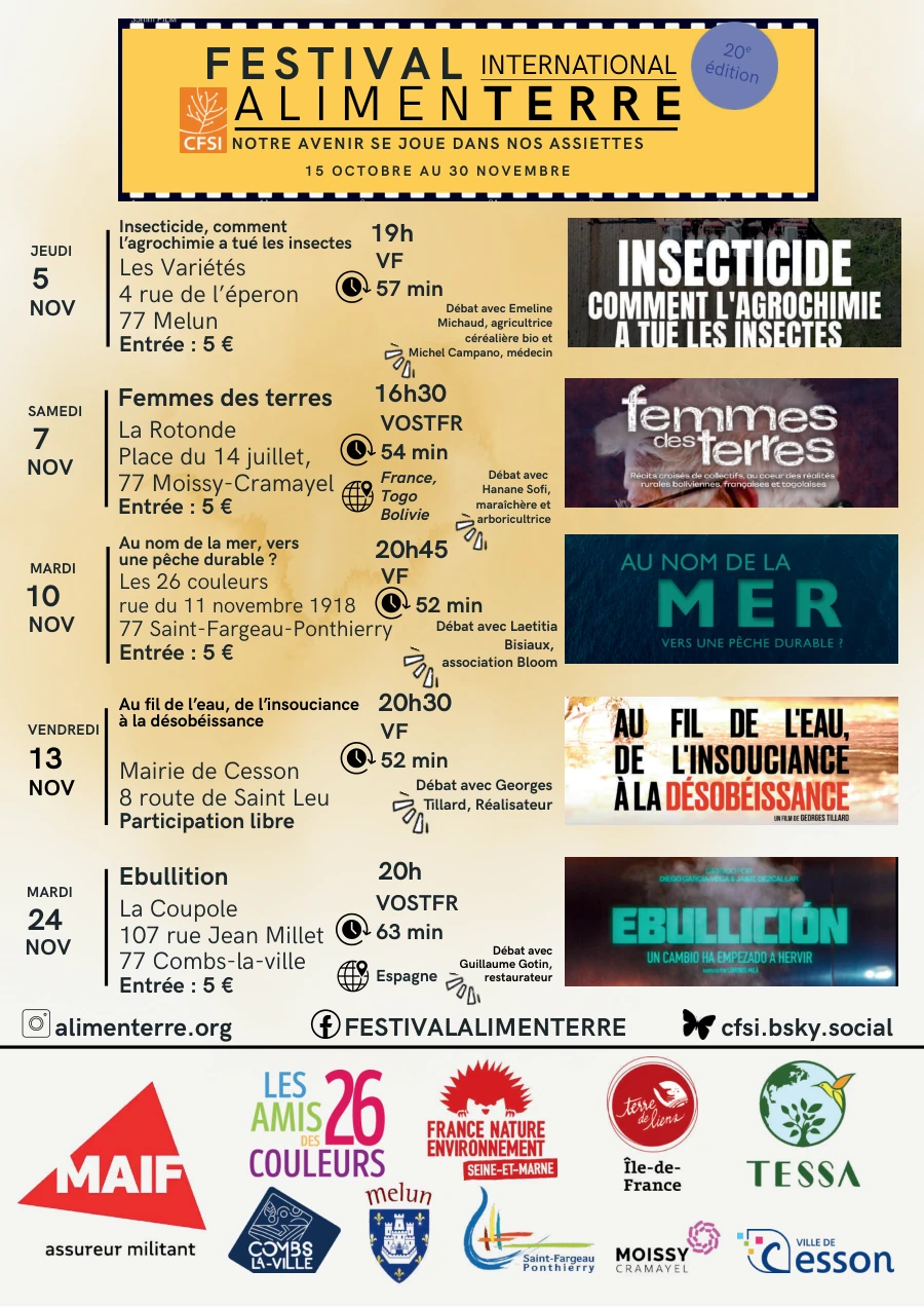 Programme Alimenterre 2026, page 1 : Dates et lieux des ciné-débats